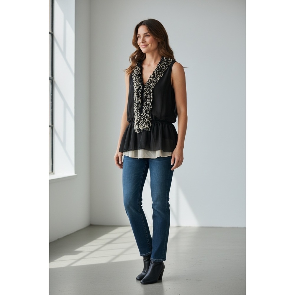 Robert Rodriguez Black Ruffled V Neck Sleeveless medium Peplum‎ Top